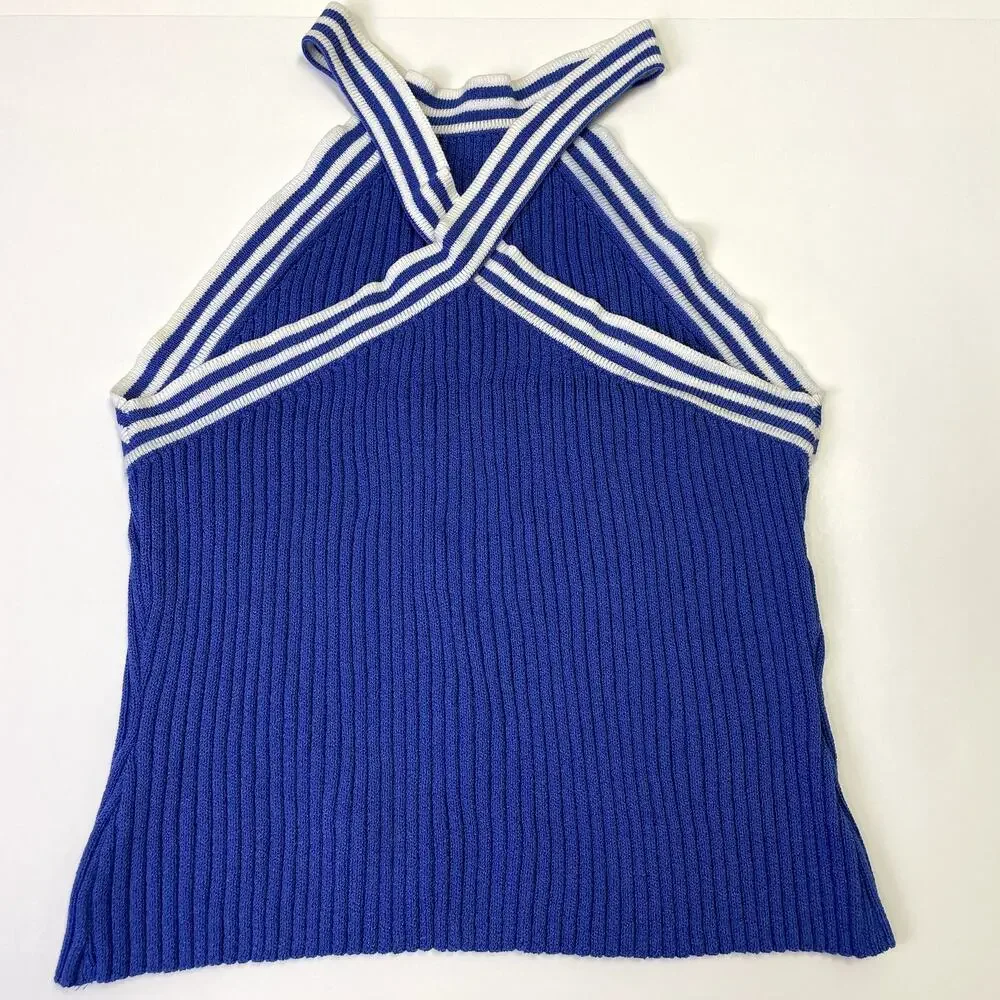 St John Sport by Marie Gray Blue Ribbed Knit Halter Tank Top S Striped - Picture 13 of 16